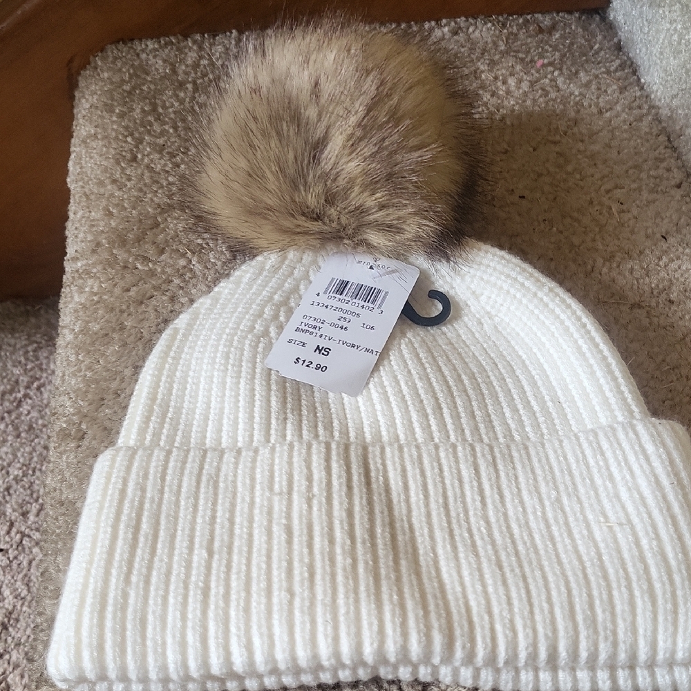 4 For $20. White Knit Beanie with Faux Fur Pom